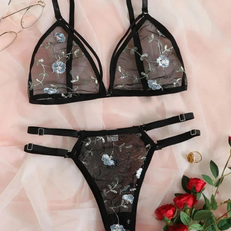 Description Picture 6 of itemUnderwear Sexy Suit Transparent Bra Female 2 Pieces Floral Embroidery Underwear Suit Lace Without Steel Support Bra