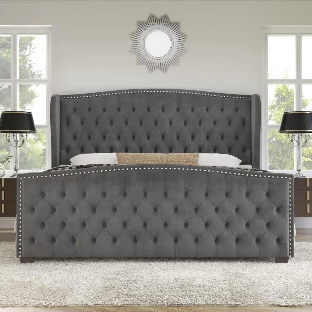 Description Picture 2 of itemKing Size Bed Frame, Velvet Upholstered Beds with Deep Button Tufted & Nailhead Trim Wingback Headboard, Platform Bed Frame