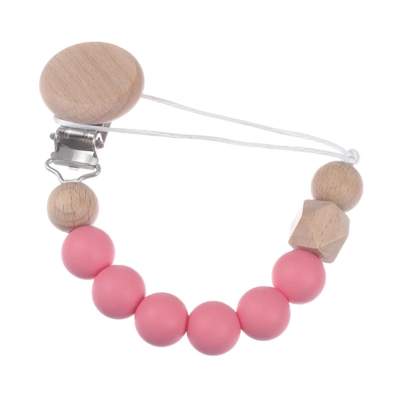 Description Picture 5 of itemBaby Colorful Silicone Round Beaded Pacifier Chain Wooden Dummy Holder Clip For Infant Teether Nipple Chain Boy Girl Shower Gift