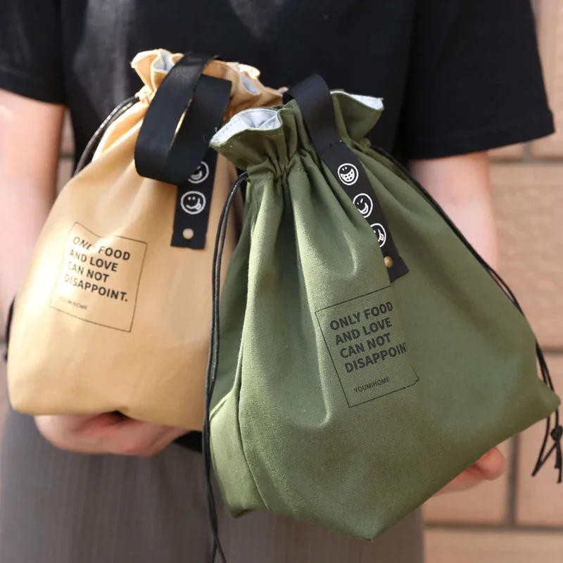 Description Picture 3 of itemSimple Drawstring Strap Insulated Lunch Bag Drawstring Storage Canvas Lunch Bag Camping Picnic Bag Camping Travel Accessories