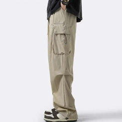 Men Sweatpants Men Straight Leg Pants Men's Multi-pocket Cargo Pants with Drawstring Detail Elastic Waist Streetwear for Outdoor