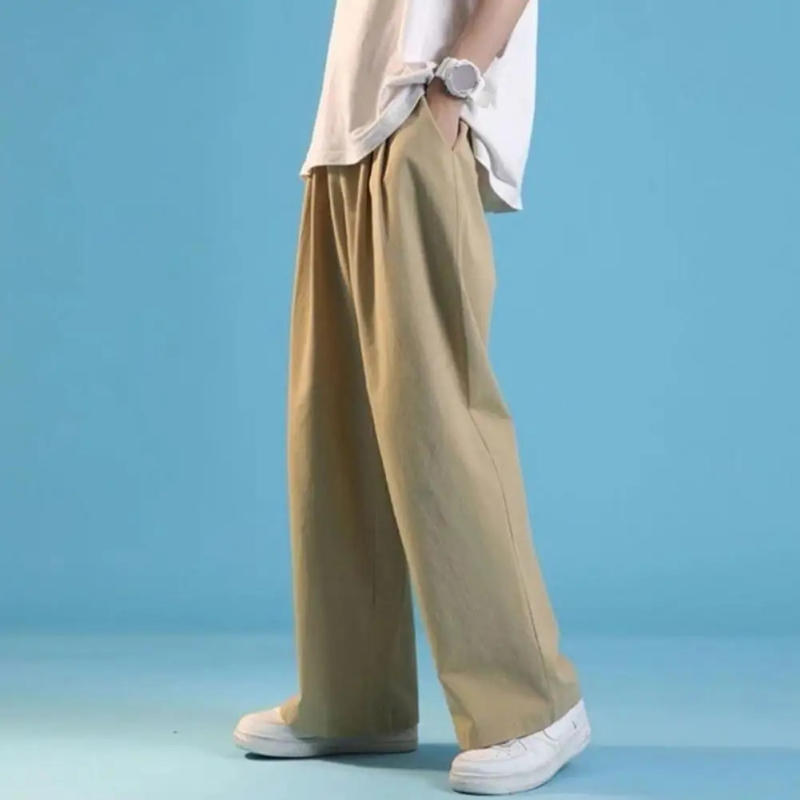 Description Picture 3 of itemDrawstring Elastic Waist Straight Wide Leg Men Pants Loose Thin Solid Color Deep Crotch Long Sports Trousers Casual Sweatpants