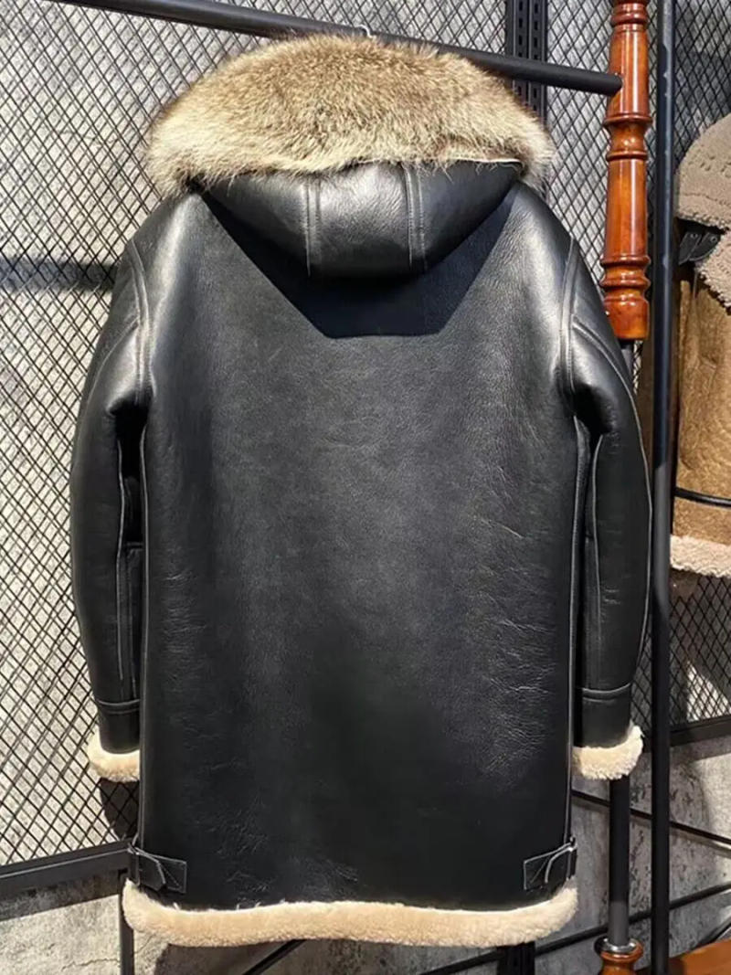 Description Picture 3 of itemGenuine Real Leather Jacket for Man Natural Sheepskin Shearling Coat Long with Raccoon Fox Fur Hood Wool Lining XXXXXXXXXL 8XL