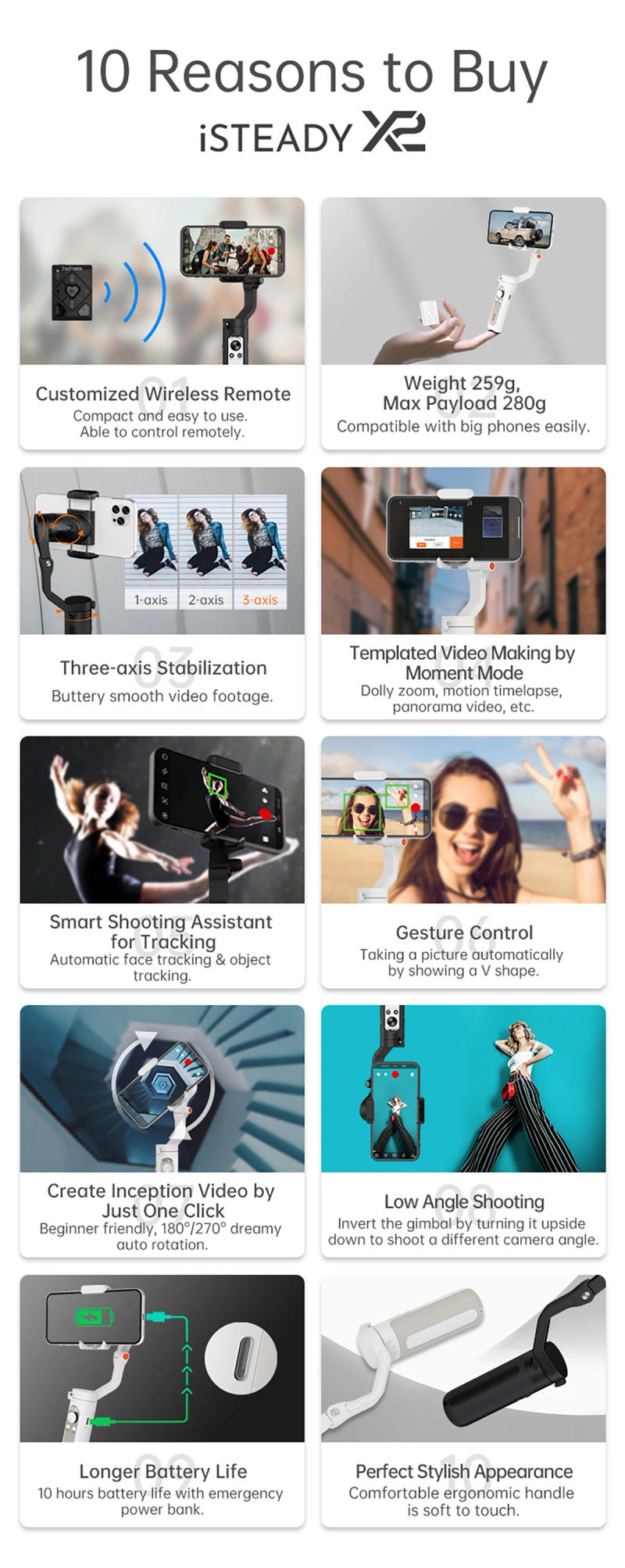 Description Picture 3 of itemHohem iSteady X2 Smartphone 3-Axis Gimbal with Remote Control Foldable Handheld Phone Stabilizer for iPhone/Samsung/Huawei/Pixel