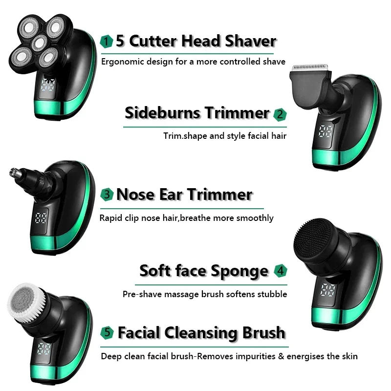 Description Picture 5 of item5 in 1Hair Clipper Nose Ear Hair Trimmer Men Facial Cleaning Brush Box  Rechargeable Electric Shaver Five Floating Heads Razors