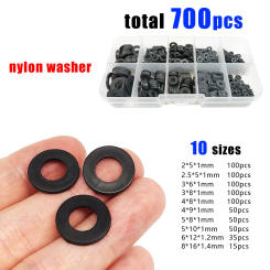 Total 500/700pc M2 M2.5 M3 M4 M5 M6 M8 White Black Plastic Nylon Flat Washer Plain Insulation Gasket Ring Assortment Kit Set Box