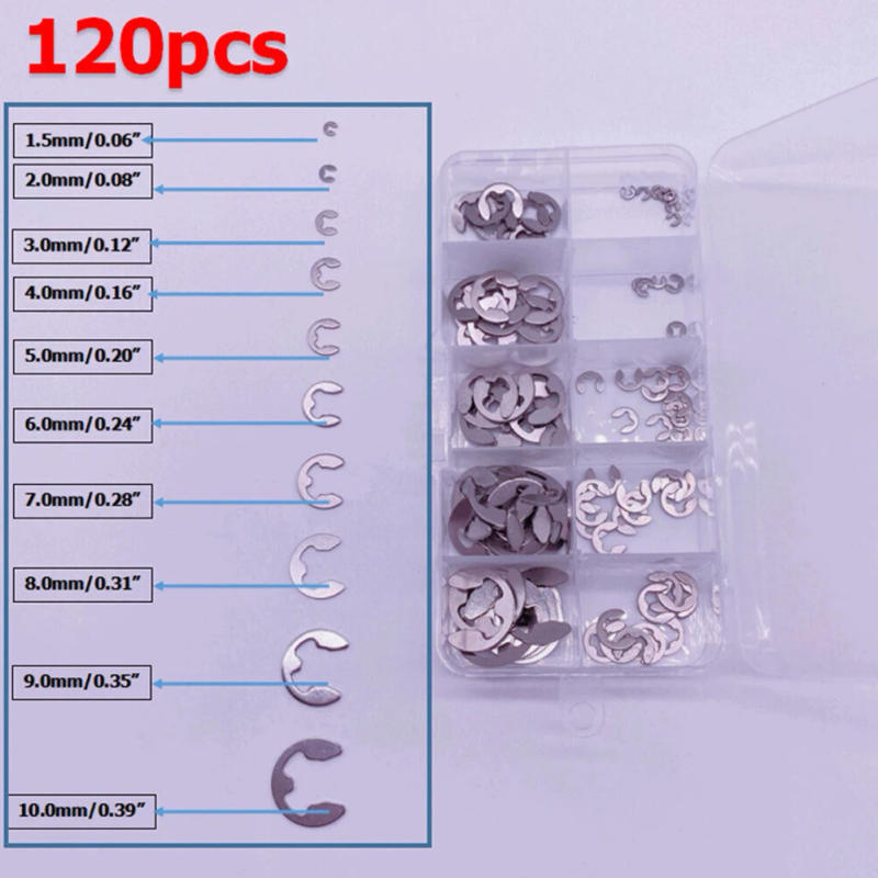 Description Picture 4 of itemFor Wet Environment Metal Washer Snap Ring Kit Industrial Commercial Supplies 120pcs E-clip M1.5 - M10 Plastic Box