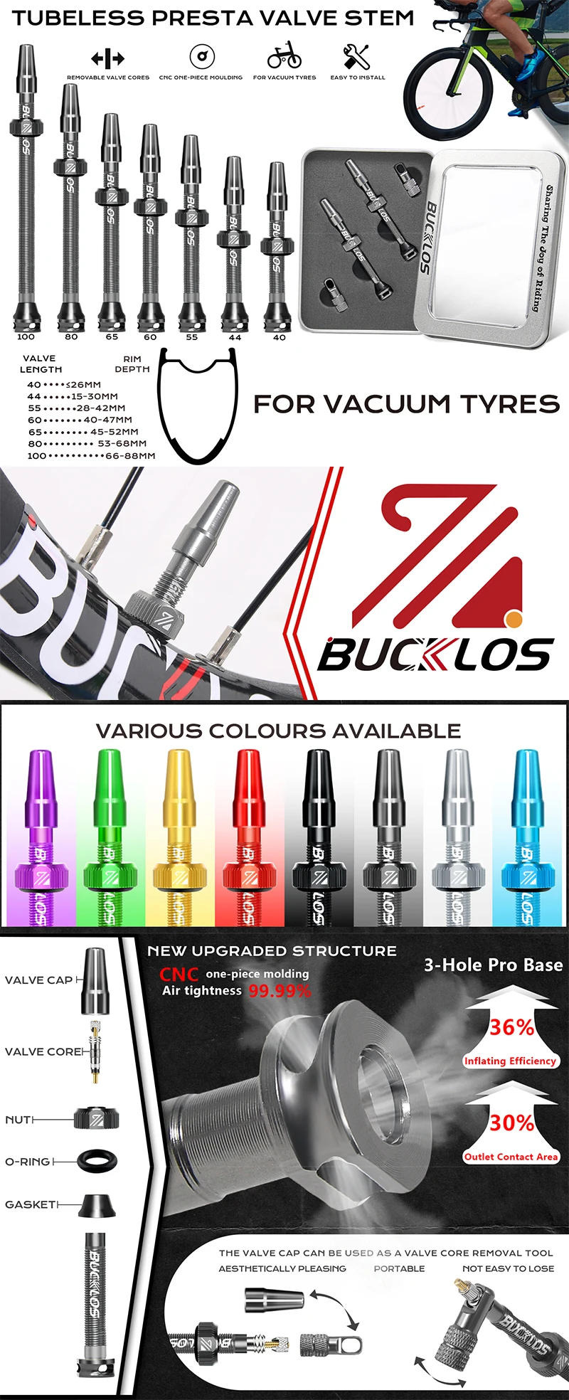 Description Picture 2 of itemBUCKLOS 40mm Tubeless Bike Valves 44mm Road Bicycle Tubeless Presta Valves 60mm 80mm 100mm Aluminum Alloy F/V Valve Bike Parts