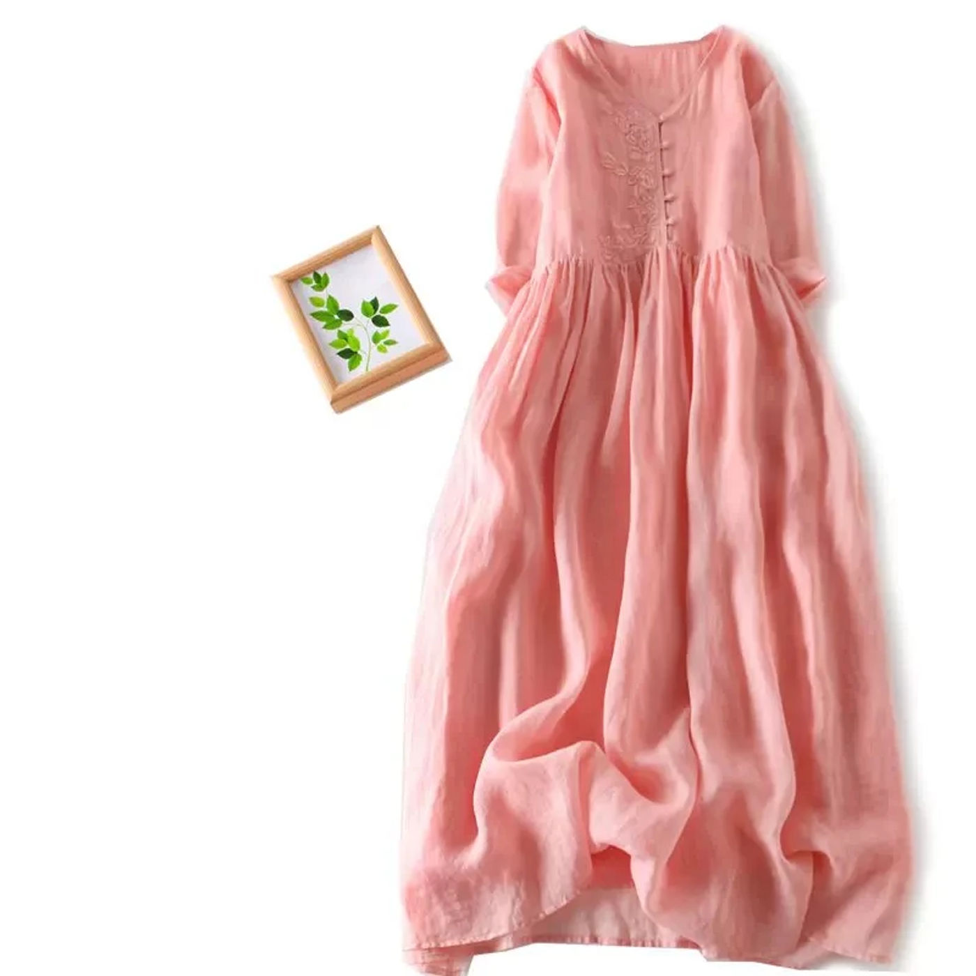 Description Picture 2 of itemDouble layered Ramie Embroidery Half Sleeved Long Dress Casual Loose Cotton Women Summer Spring Holiday Seaside Clothing X1055