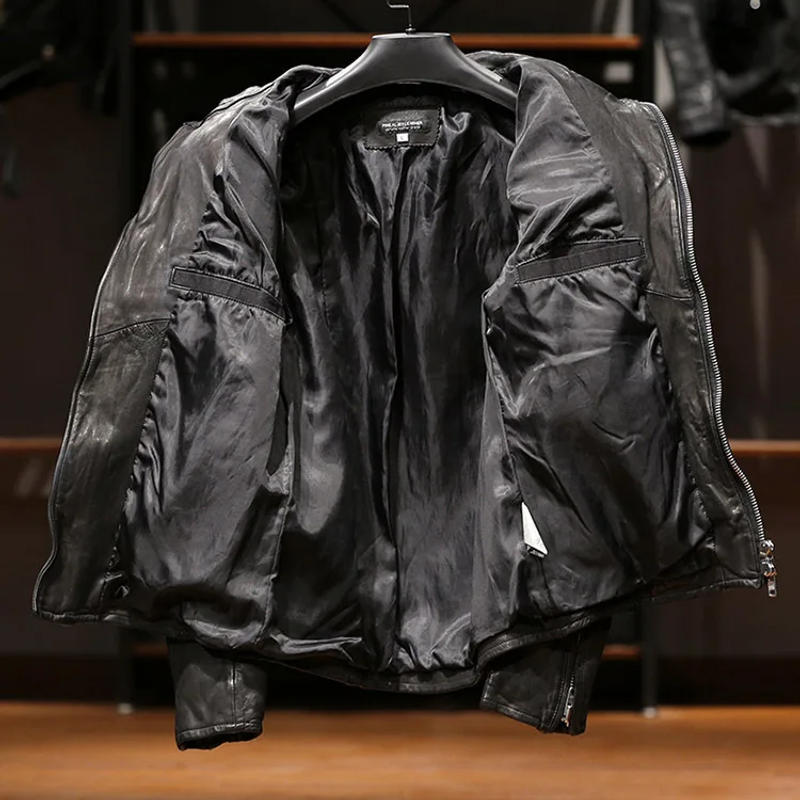 Description Picture 6 of itemFashion Men Spring Sheepskin Real Leather Jacket Slim Fit Stand Collar Motorcycle Biker Riding Genuine Leather Outerwear Coats