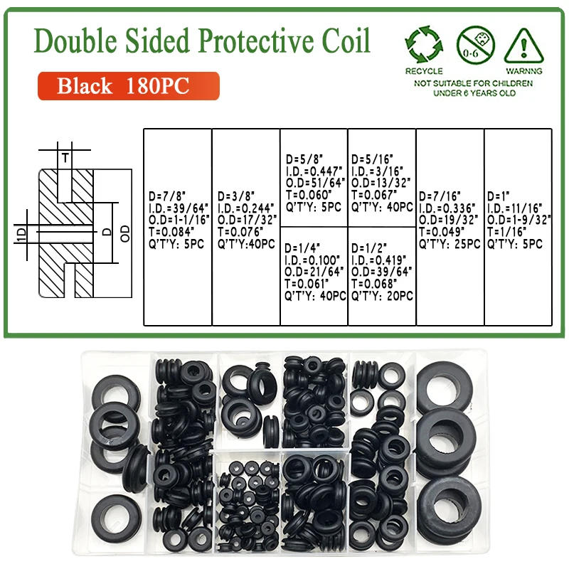 Description Picture 3 of item180pcs 8 Size Black Rubber Seal Ring Oil Sealing Grommet Gasket for Protect Wire Cable Hole Protection Ring Shim Washer