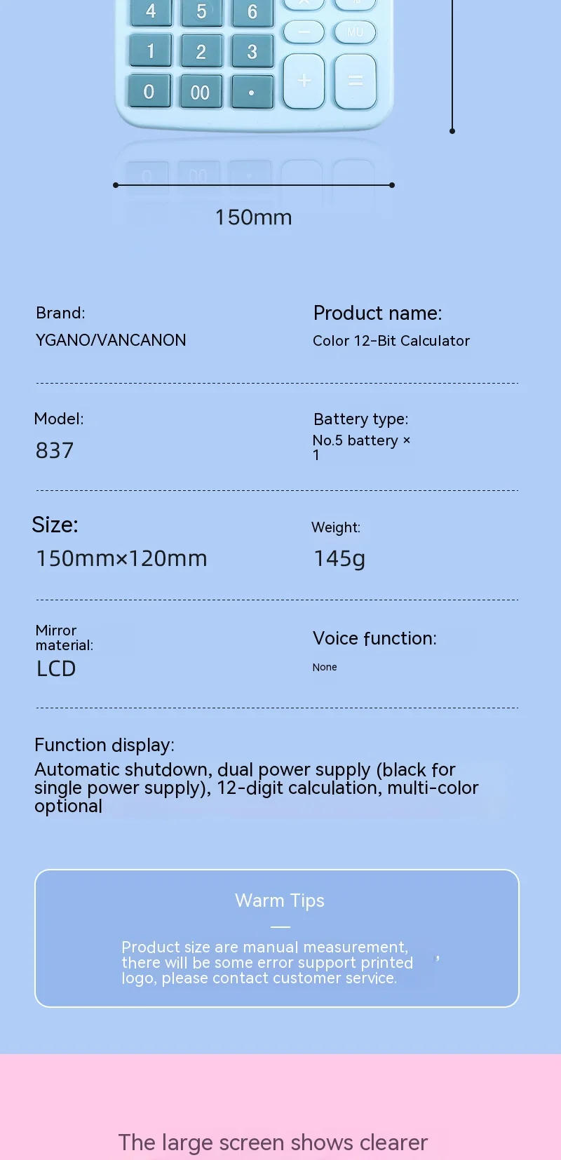 Description Picture 3 of itemSolar Calculator with Dual Power Supply, 12 Digits, Electronic Calculator, Home, Office, School, Financial, accounting Tools