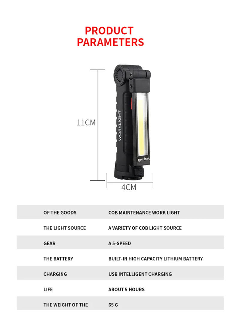 Description Picture 2 of itemFolding LED Work Light Portable Spotlight with Magnetic Base Clip USB Charging Repair Torch Movable Work Light Flashlight