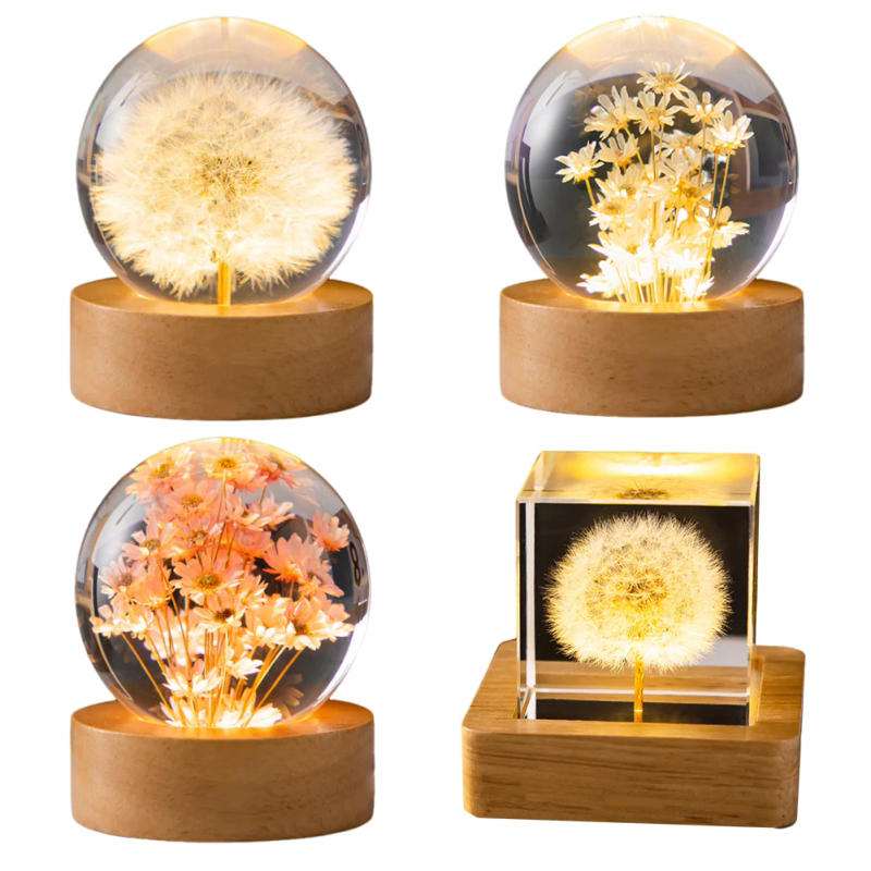 Description Picture 5 of item3D Crystal Ball Crystal Flower Night Light Dandelion Crystal Ball Night Lamp Birthday Gift Home Desktop Decoration with Base