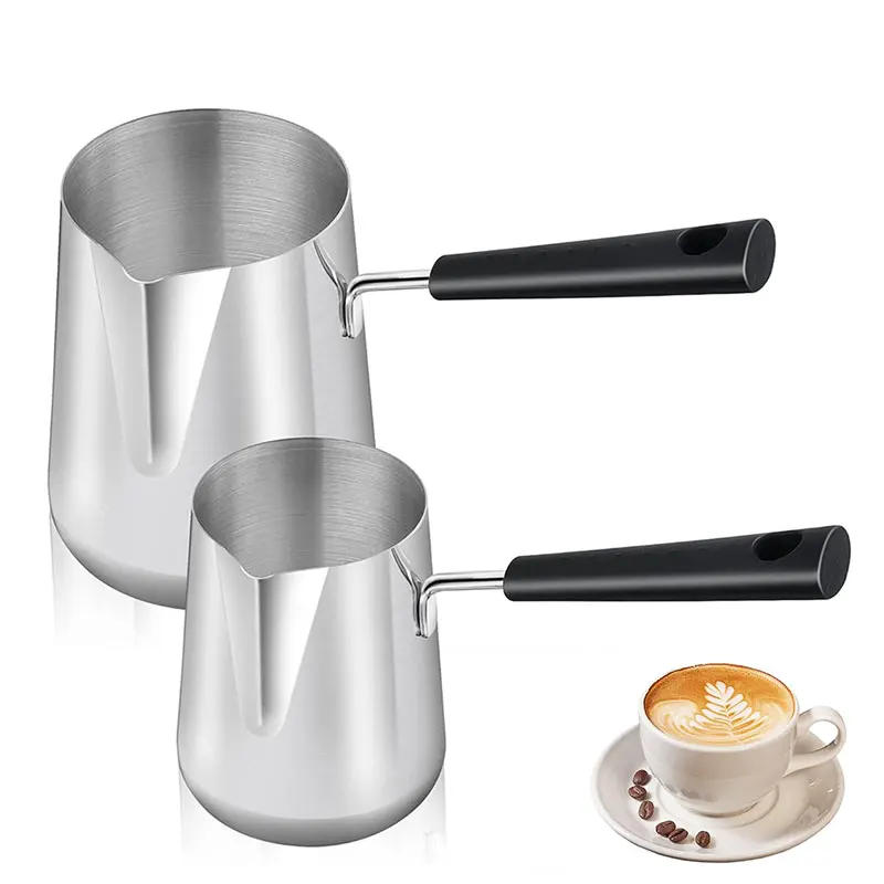 Description Picture 2 of itemLong Handle Turkish Coffee Pot with Pouring Spout Stainless Steel Milk Butter Warmer Pot Stovetop Chocolate Melting Pan