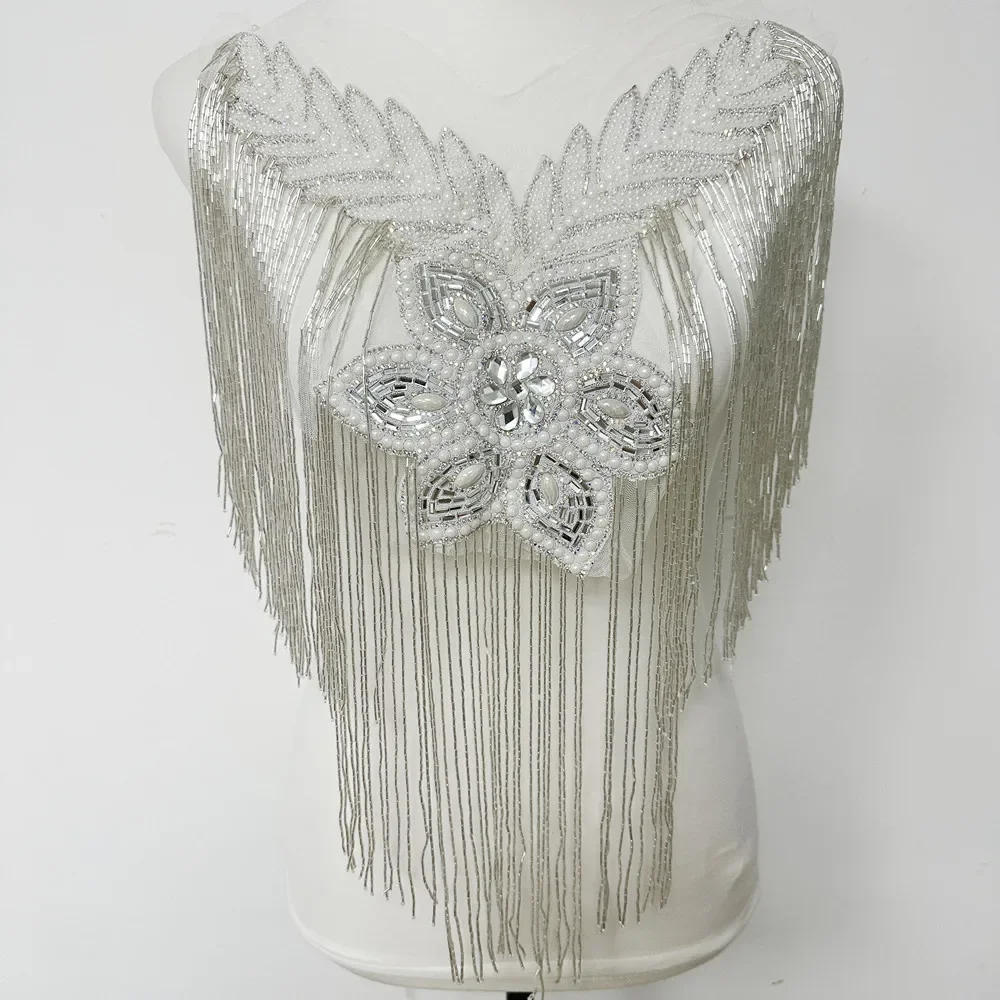Description Picture 4 of itemHOT SALE  single side wedding beaded tassels collar with appliques neckline with  fringe