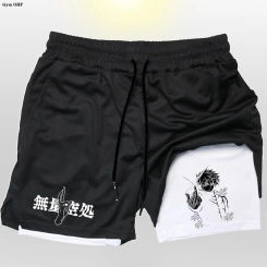 Anime Jujutsu Kaisen Shorts Mens 2 in 1 Running Shorts Summer Athletic Gym Workout With Towel Loop Pockets Stretchy Quick Dry