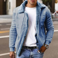 2023 Men's New Fashion Faux Leather Plush Fur Integrated Short Coat with Large Polo Collar Men's Coat