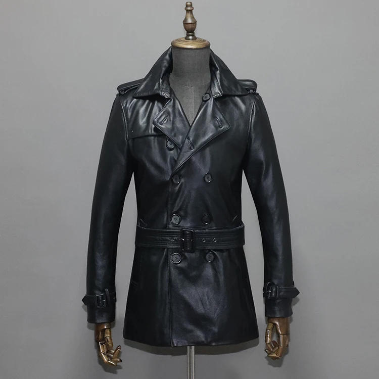 Description Picture 2 of itemSpring Autumn Fall Men's Trench Genuine Leather Cowhide Jacket & Coat for Male Double Breasted Middle Length Black Oversize XXXL