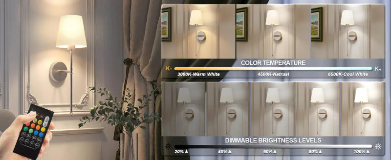 Description Picture 3 of item2 Packs Wall Lights Battery Operated Wall Sconces, Gold Wireless Wall lamp with Remote, 9 Colors Modes Rechargeable