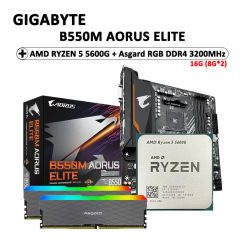 New AMD GA B550M AORUS ELITE Motherboard + AMD R5 5600G CPU + Asgard W2 series DDR4 16G (8G*2) 3200 MHz RGB RAMs Suit Socket AM4
