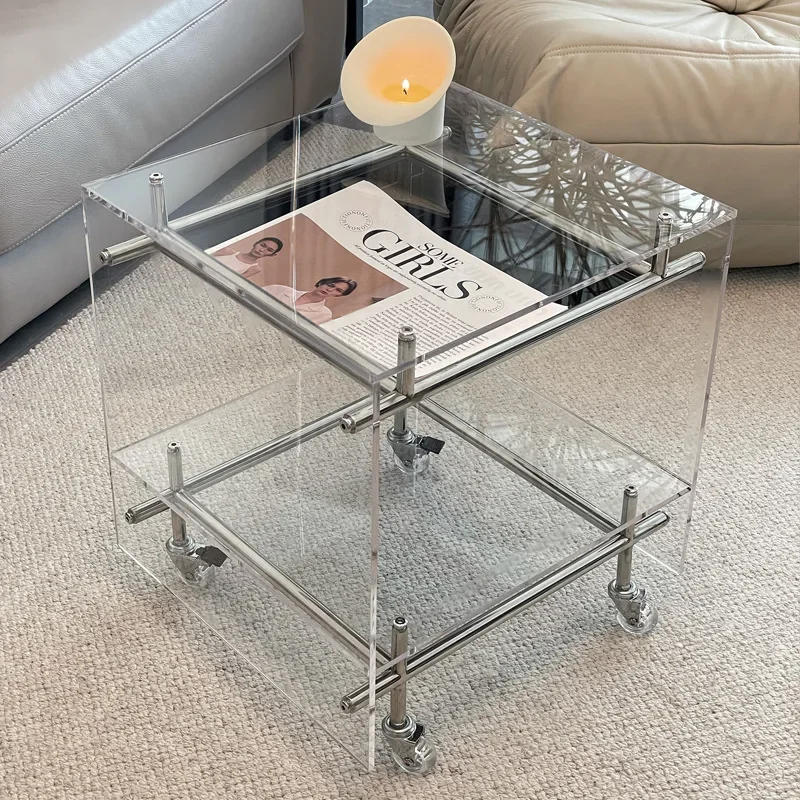 Description Picture 4 of itemIns Style Coffee Table Acrylic Tea Table for Living Room Glass Side Table Storage Cabinet Trolley with Wheels Home Furniture