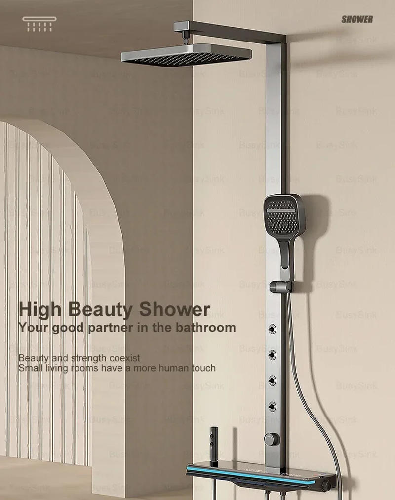 Description Picture 3 of itemLED Digital Piano Shower Set Gray For Bathroom White Smart Tub Faucet Waterfall Shower System Rain Shower System