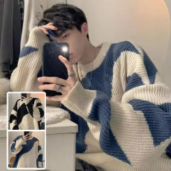Autumn O-Neck Knit Sweater for Men Cow Patchwork Pullover Men Loose Casual Harajuku 2023 Korean Fashion Mens Oversized Sweater