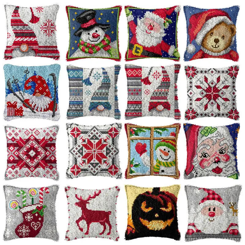 Description Picture 2 of itemChristmas Santa Elk Latch Hook Kits Smyrna Pillowcase Knot Pillow Package Latch Hook Kit Set For Needlework Embroidery Cushion