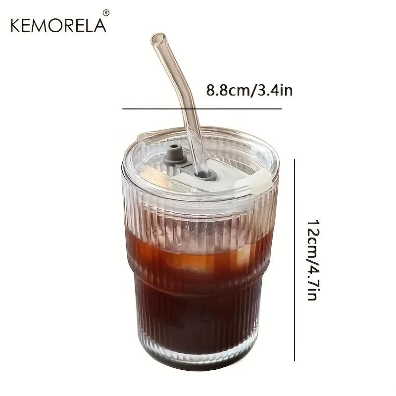Description Picture 4 of item4/6PCS 450ml Stripe Glass Cup Transparent Glasses With Lid and Straw Ice Coffee Mug Tea Cup Juice Glass Milk Water Cup Drinkware