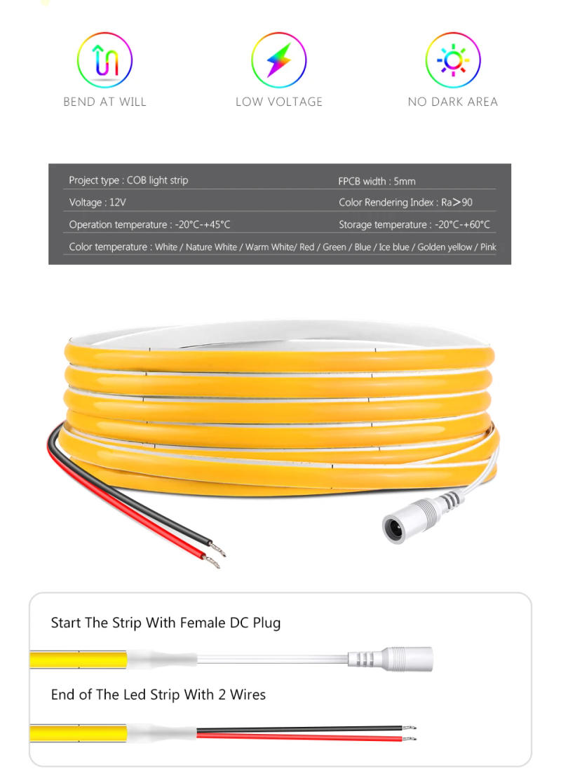 Description Picture 3 of item12V COB LED Tape Flexible Neon Led Strip for the Kitchen Under the Closet 5MM Super Thin High Bright Lamp Ribbon Cabinet Decor