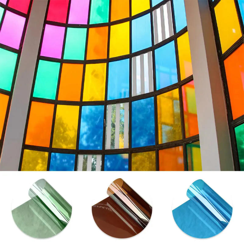 Description Picture 4 of item6 Sheets Colored Window Film Transparent Decorative Glass Tint Sun Blocking Self Adhesive Window Tint for Building Residential