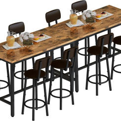 Faux Wooden Table with 8 PU Upholstered Chairs Breakfast Table Bar Table and Backrest Chairs with Footrest for 8-10People Dining