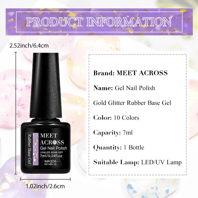 Description Picture 3 of itemMEET ACROSS 7ml Glitter Rubber Base Gel Nail Polish Gold Foil Base Gel Top Coat Soak Off UV Gel Nail Art Varnish For Manicure