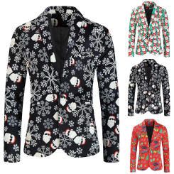 Men's Fashionable Leisure Christmas Printed Buttons Long Sleeve V Neck Suit Coat With Pocket Slim Fitting Outwear Blouses