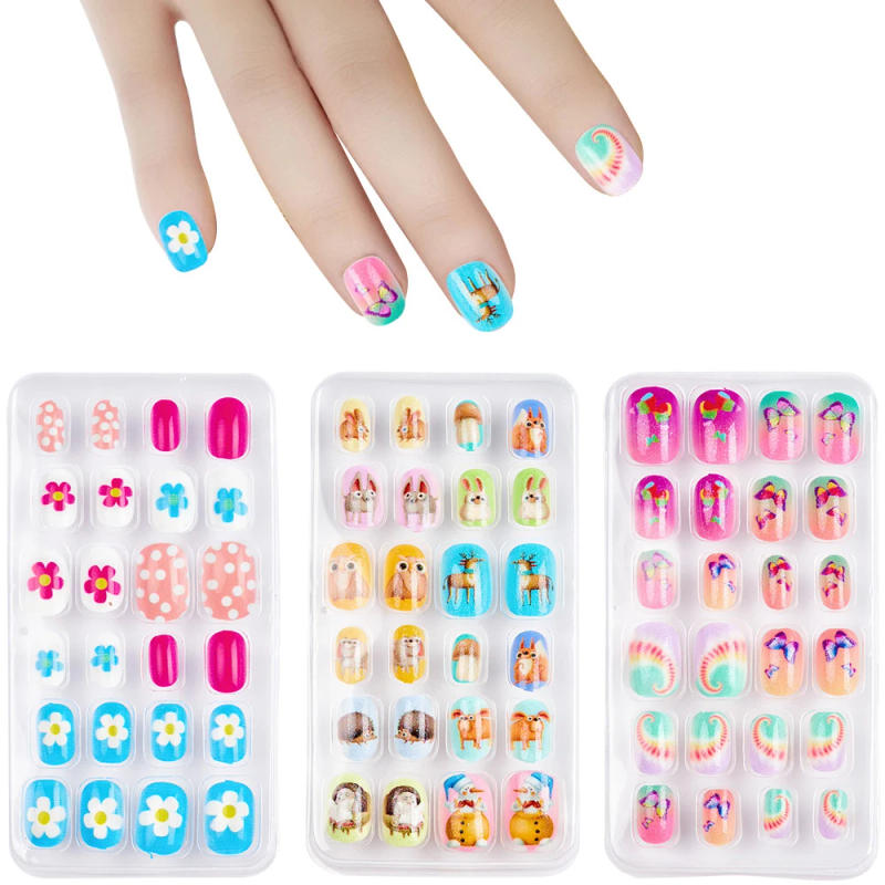 Description Picture 2 of item24Pcs Kids False Nails Girls Cartoon Press on Fake Nails Cute Pre-Glue Full Cover Nails Cute Short Acrylic Artificial Nail Tips