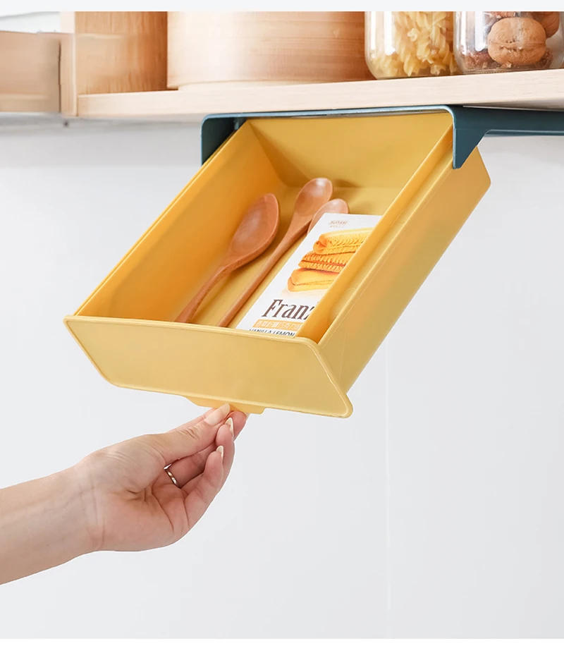Description Picture 4 of itemHidden Hanging Storage Organizer Kitchen Drawer Storage Box Punch-Free Under Table Self-Adhesive Drawer Case Fork Spoon Tray