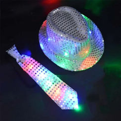 Kids Adult LED Light Up Tie Sequin Jazz Fedora Hat Flashing Neon Party Gift Costume Cap Birthday Wedding Festival