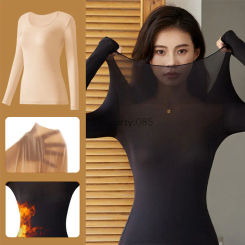 2pcs Set Women Thermal Underwear Long Sleeves Bottoming Shirt Pullover Elastic Casual Solid Winter Ladies Basic Thermal Suits