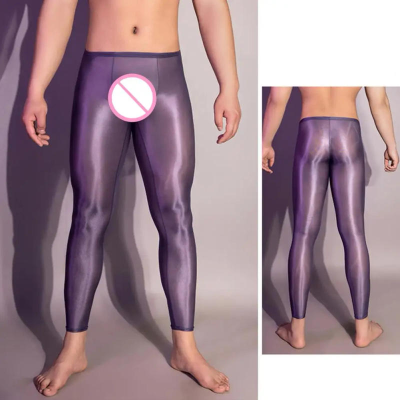 Description Picture 3 of itemMen Leggings Sexy See-Through Oil Glossy Ultrathin Stretchy Leggings Shiny Ice Silky Skinny Pants Sleepwear Skinny Allure