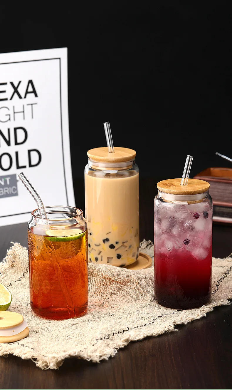 Description Picture 2 of item550ml Glass Cup with Wooden Lid and Straw Travel Transparent Bubble Tea Cup Milk Beer Can Cocktail Mug Beverage Glassware