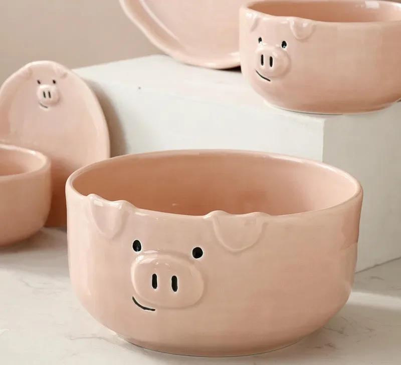 Description Picture 4 of itemCeramic Bowl Cute Pink Pig Tableware Dishes Home Ceramic Plate Breakfast Nordic Wind Irregular Matte Plate Kitchen Utensils