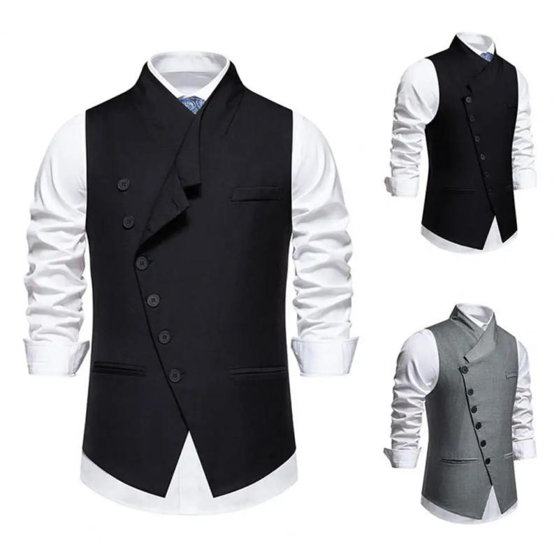 Description Picture 5 of itemSolid Color Vest Coat Men's Slim Fit Sleeveless Wedding Waistcoat with Sloping Lapel Collar Single Breasted Business for Party