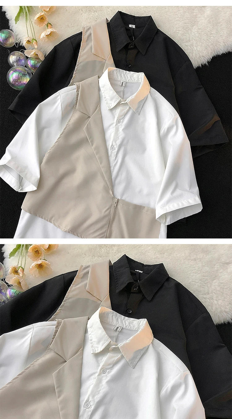 Description Picture 2 of itemSummer Men Contrast Color Shirt Dress Patchwork Oversize Plus Size Formal Short Sleeve Designer High Quality Blouse Z13