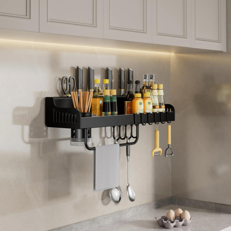 Description Picture 3 of itemKitchen Shelf Wall-Mounted Multi-Functional Kitchenware Storage Kitchen Knife Holder,  Seasoning Hanging Rack With Hook, Black