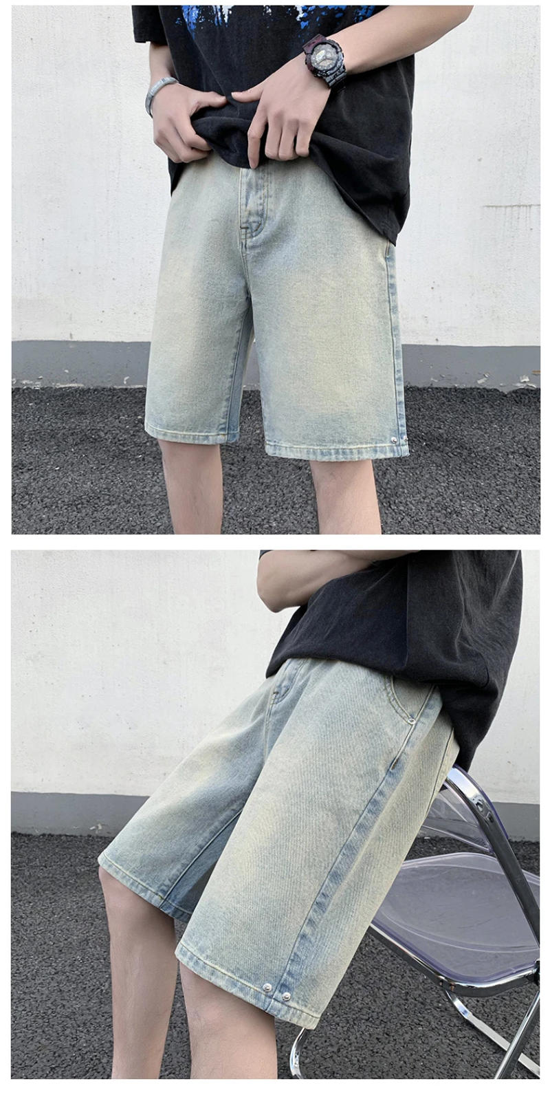 Description Picture 6 of itemMen's Summer Vintage American Rivets Shorts Jeans Yellow-Mud Baggy Handsome Hip Hop Denim Pants  All-match Y2k Punk Clothes