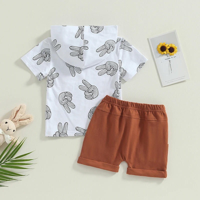 Description Picture 3 of itemInfant Boys Summer Outfits Finger Print Short Sleeve Hooded Tops and Elastic Waist Shorts 2Pcs Clothes Set
