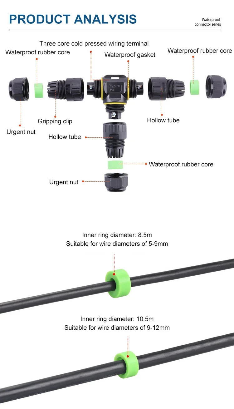 Description Picture 4 of itemWaterproof M20 T-type 3Pin Connector Cable 24A 400V IP68 2 3 4 pin Outdoor 5-12mm LED Street Lamp Screw Wire Junction Box