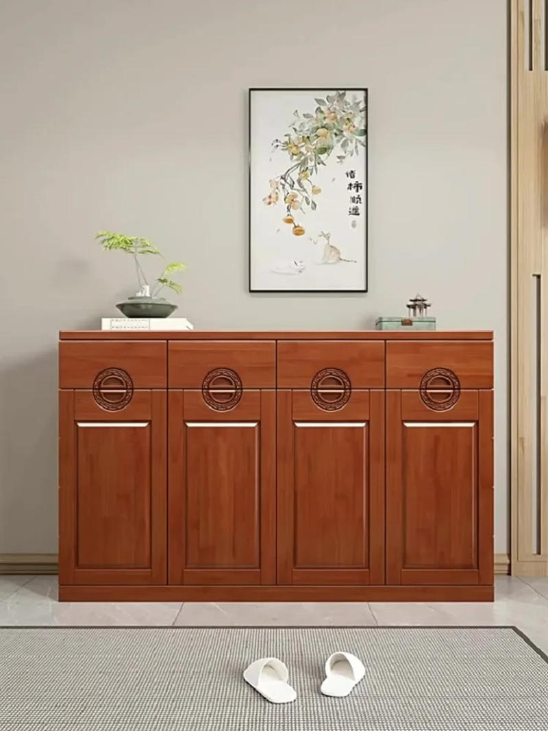 Description Picture 2 of itemChinese S49 solid wood floor-standing large capacity entrance cabinet simple modern carved craft multi-layer shoe cabinet