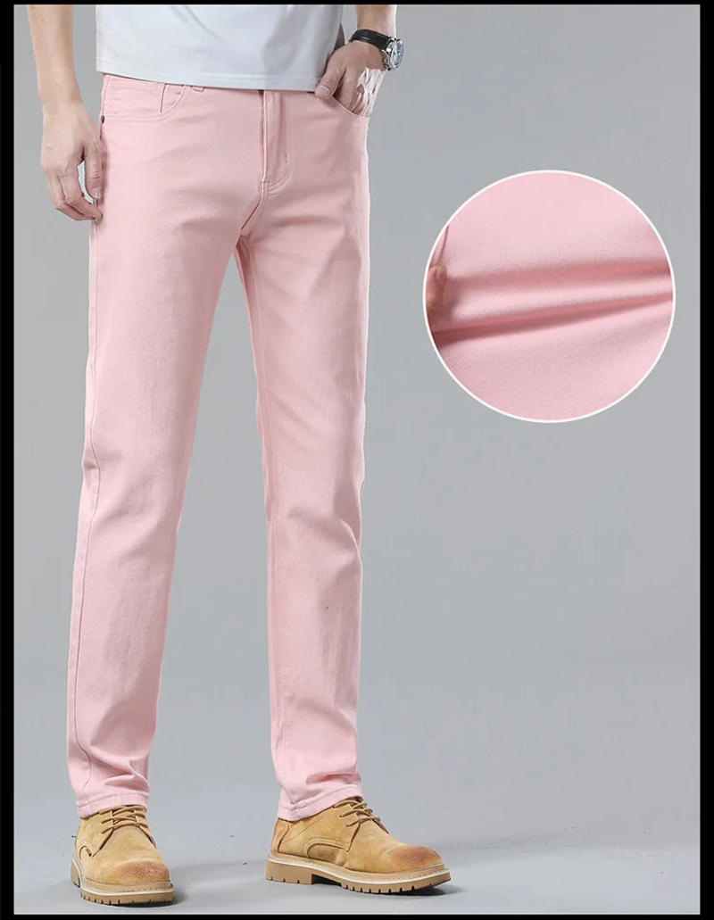 Description Picture 6 of itemNew Men's Casual Stretch Jeans Cotton Yellow Pink Red Slim Straight Solid Business High-Quality Male Clothing Plus Size 28-40